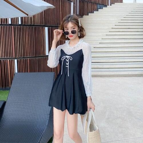 2021 New Korea Monokini Women Swimwear Long Sleeve Swimdress High Quality Beachdress Bathing Suit Sexy Monokini Beachwear