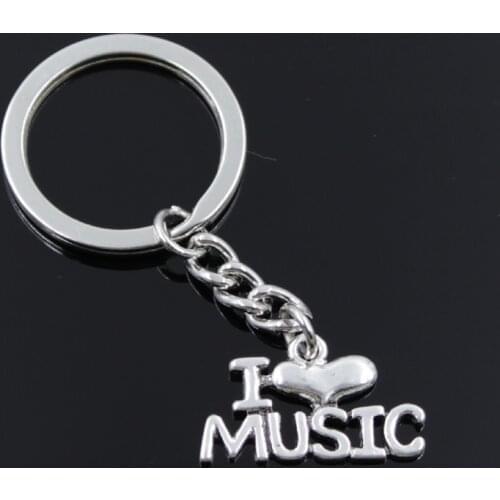 New Fashion Men 30mm Keychain DIY Metal Holder Chain Vintage I Love Music 16x28mm Silver Color Pendant Gift