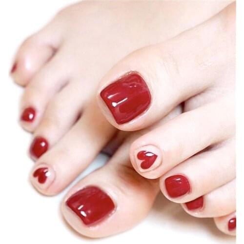 New Charming Red Love Heart Fake Toe Nails Fashion Pure Color Toenail Diy Patches Women Summer Foot Nails Decoration Tools