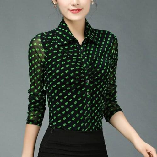 Spring Fall Office Lady Woman Female Polka Dot Printed Full Sleeve Mesh Blouse , 3XL 4XL Slim Cardigan Blouses Shirts For Women