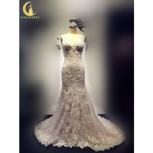 Real Picture Spaghetti Straps Lace Appliques Sexy Back see Through Pearls Mermaid Vintage Wedding Gown Wedding Dresses 2020