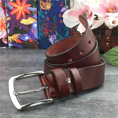 Stainless Steel Belt Buckle Leather Belt Men Thick Luxury Vintage Pin Men Belt Genuine Leather Long Belt 95-130CM SBT0001