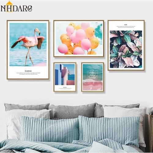 Pink Balloon Seascape Flaming Leave Plant Nordic Canvas Poster Painting Scandinavian Decorative Picture Modern Living Room Decor