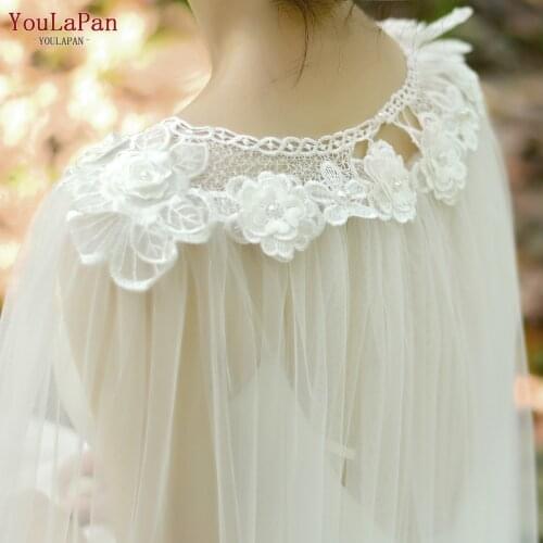 YouLaPan G18 Wrap Cloak Bridal Cape for Bride Marriage Formal Party Elegant 3M Long Wedding Bolero Shawl Lace Flowers Neck Edge