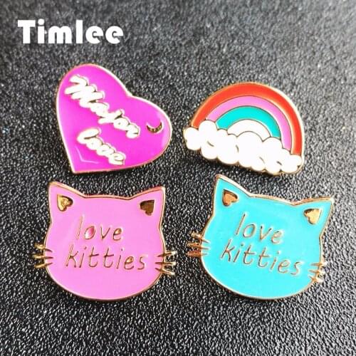 Timlee X276 Cute Cat Kitty Enamel Pins Major Love Heart Rainbow Alloy Brooch Pins,Fashion Jewelry Wholesale