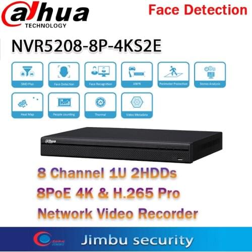 Dahua NVR5208-8P-4KS2 NVR 4K 8CH Video Recorder tripwire face detection 8 POE 4K&H.265 Up To 12mP 3D AI Search