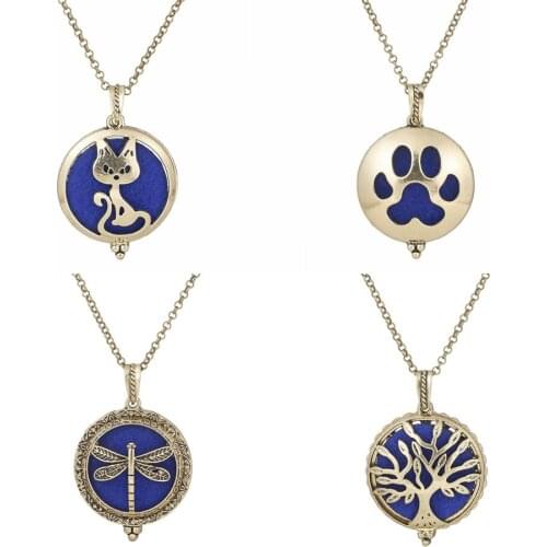 Vintage Bronze Life Tree Cat Dragonfly Aroma Necklace Essential Oil Diffuser Magnetic Closure Locket Bohemia Necklace