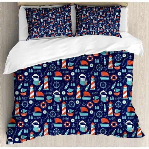 Anchor Duvet Cover Set Nautical Arrangement with Ship Captain Boats Helm and Compass Decorative 3 Piece Bedding Set with 2 Sham
