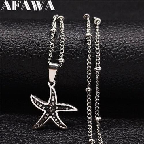 Summer Starfish Black Crystal Stainless Steel Necklaces for Women Silver Color Small Charm Necklaces Jewelry chaine N4879S01