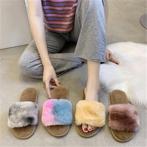 Woman Slippers Winter Keep Warm Home Slippers Faux Fur Slippers 2cm Heel 4 Colors Red Basic Shoes For Women Size 36-41