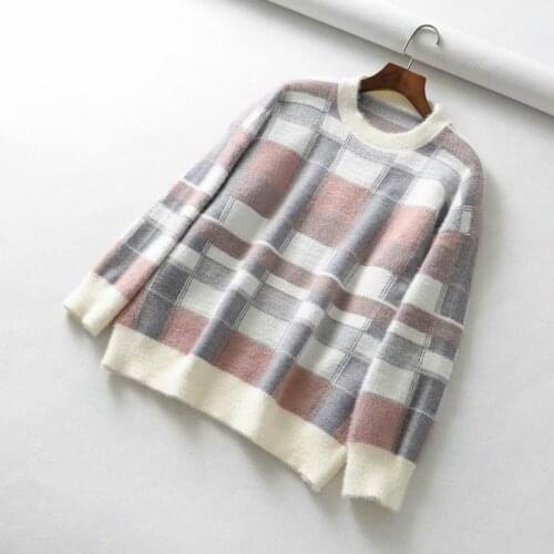 Women Autumn Winter Pullover Female Loose Long Sleeve Round Collar Sweater Student Casual College Plaid Knitted Jumper Top H9450