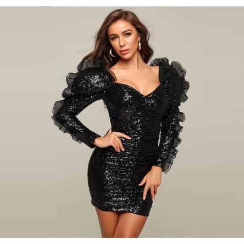 2020 New Fashion Black Sequin Dress V Neck Sexy WInter Bodycon Ruffles Backless Mini Club Party Dresses Mesh Good Quality Festa