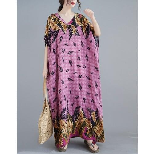 Vintage Dress 2021 New Arrival Short Sleeve Loose Summer Dress Soft Cotton Satin Print Floral Bohemian Travel Casual Women Dress