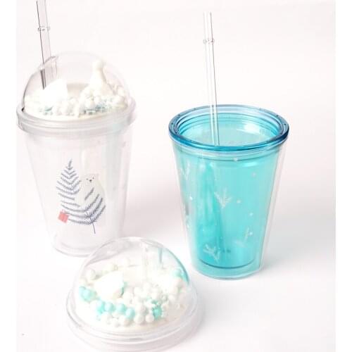 380ml Sports Water Bottle For Outdoors White Bear Double Layer Lid Straw Cup Water Bottle Plastic Drinking Bottles with Straw