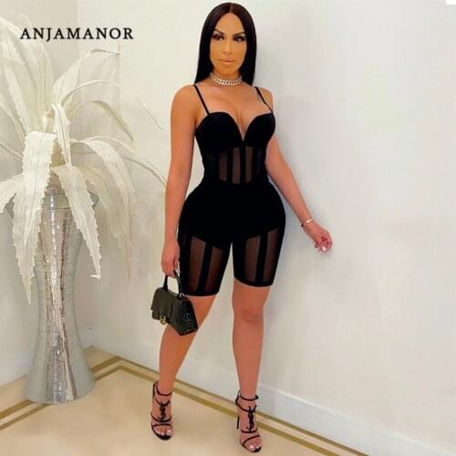 ANJAMANOR Sheer Mesh Patchwork Strap Bodycon Rompers Sexy Jumpsuit Women Clothes 2021 Summer Club Outfits Playsuits D42-CH19