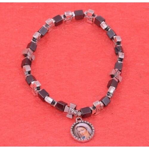 Religious Christian virgin Mary Orthodox Iconic Alloy Black Beaded Cross Bracelets Elastic Adjustable Bracelets Jewelry