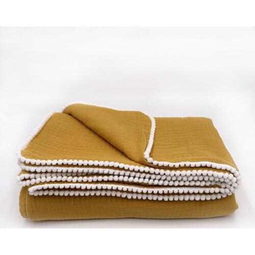 Double Layer Cotton Muslin Baby Pompom Blanket Summer Bed Sheet Bedspread Cotton Bath Towel Baby Receiving Blanket 120x120cm