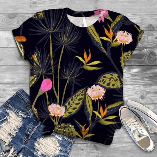 Plus Size S-4XL Flower Cactus Print Comfortable T Shirt Women T-Shirt O Neck Short Sleeve Tees Summer Women T-shirts Blue Tshirt