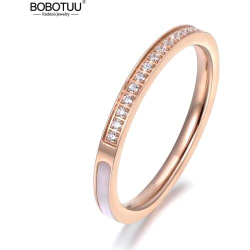 BOBOTUU Stainless Steel Delicate Rings 1/4 Pave Setting Rhinestones & 3/4 Shell Surround Rose Gold Color Ring Best Gift BR18134