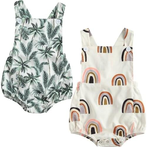 FOCUSNORM 0-24M Summer Baby Girls Boys Rompers Leaf/Rainbow Printed Sleeveless Ruffles Backless Jumpsuits