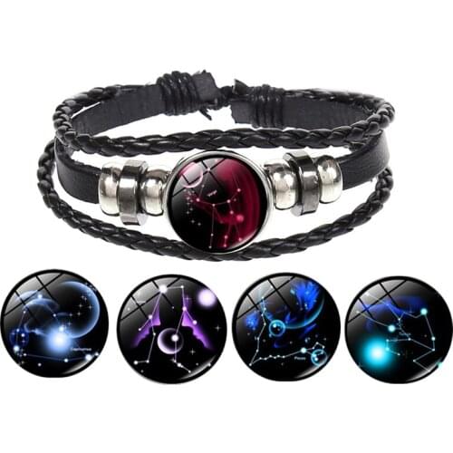 12 Constellation Zodiac Bracelet Charm Diy Jewelry Constellation Glas Metal Buckle Black Multilayer Leather Bracelet Women Gifts
