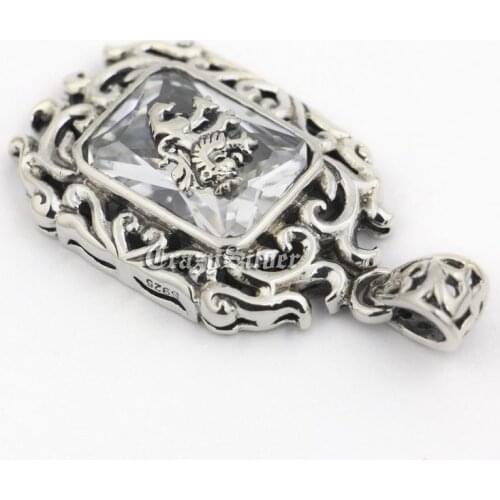 Lion On White CZ Stone 925 Sterling Silver Mens Biker Rocker Punk Pendant 9R019