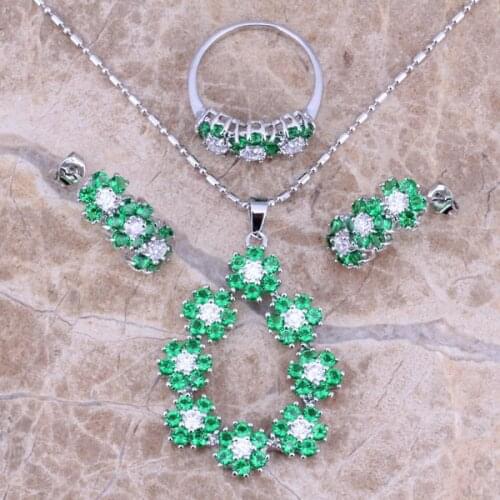 Green Cubic Zirconia White CZ Silver Plated Jewelry Sets Earrings Pendant Ring Size 6 / 7 / 8 / 9 / 10 S0150