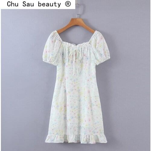 New Fashion Sweet Chic Floral Printed Mini Dress Women Summer Holiday Style Chiffon Ruffles Dresses Female Vestidos