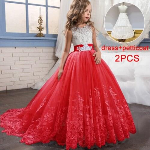 New Year Petticoat Flower Girls Dress Bridesmaid Kids Dresses For Girls Children Lace Mesh Long Princess Dress Wedding Dress