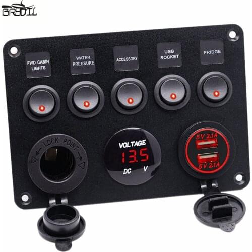 Truck Dual USB charging 5 Gang On-Off Toggle Control Switch Panel RED LED Voltmeter Circuit Breaker For 12V-24V Car Boat Marine