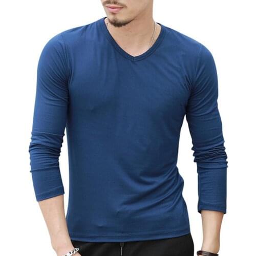 Long Sleeve Slim 2021 New Elastic Men T-shirt Shrink-resistant Solid Color V Neck Bottoming Shirt Pullover Top Brand Tees