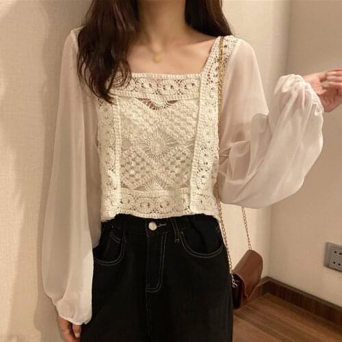 Slim Short Lace Square Neck Chiffon Shirt Stitching Knit Womens Long-sleeved Blouse with Clavicle Exposed Fashion Ladies Top