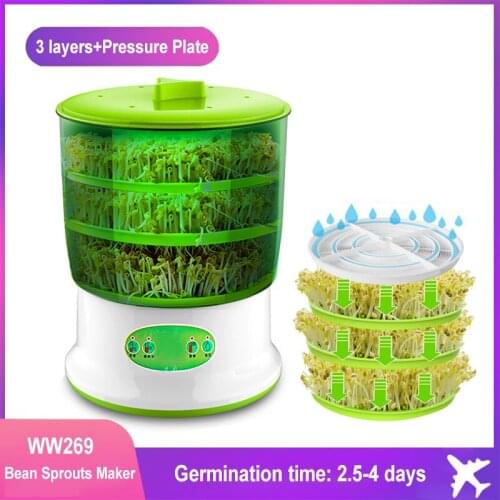 Smart Bean Sprout Machine Constant Temperature Vegetable Seed Planting Bucket 360° Rotating Spray Germinator Machine 3 Patterns