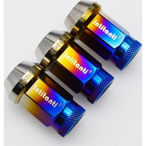 High performance strong burnt blue color 60 degree cone seat open end Gr.5 titanium alloy lug nut M12*1.25*38mm with knurl