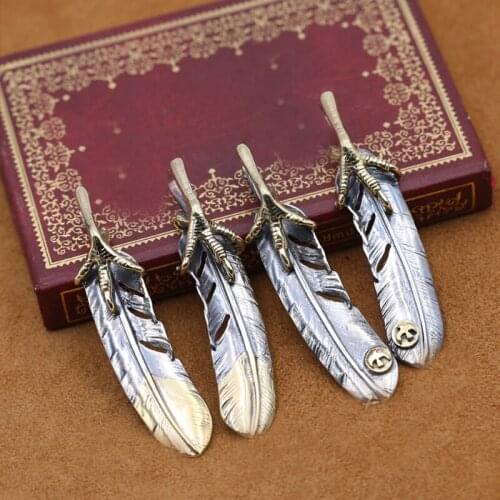 S925 Sterling Silver Jewelry Retro Thai Silver Feather Pendant Personality Men and Women Brass Eagle Claw Sweater Pendant