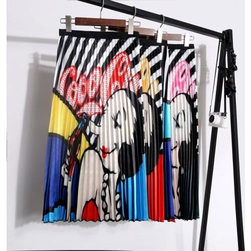 Vintage Ethnic Style Printed Pleated Skirt Summer Female Elastic Waist Long Skirts Runway Women Fashion Elegant Big Swing Skirts