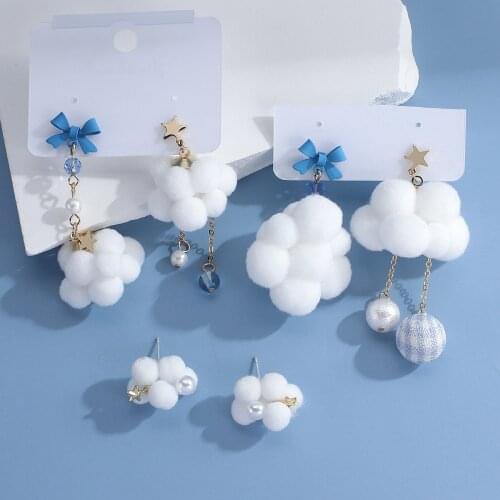 AENSOA Asymmetrical Cloud Plush Ball Crystal Drop Earrings For Women Girls Cute Korean Big earrings Pendant Trendy Jewelry