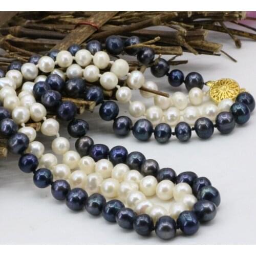 7-8mm natural real white freshwater pearl beads 2 rows necklace for women fashion statement chain charms jewelry 17-18inch B3240