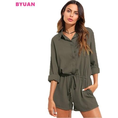 BYUAN Ladies Jumpsuits Playsuits 2018 Long Sleeve Blouse Women Casual Romper Shorts Rompers Solid Chiffon Womens Jumpsuit