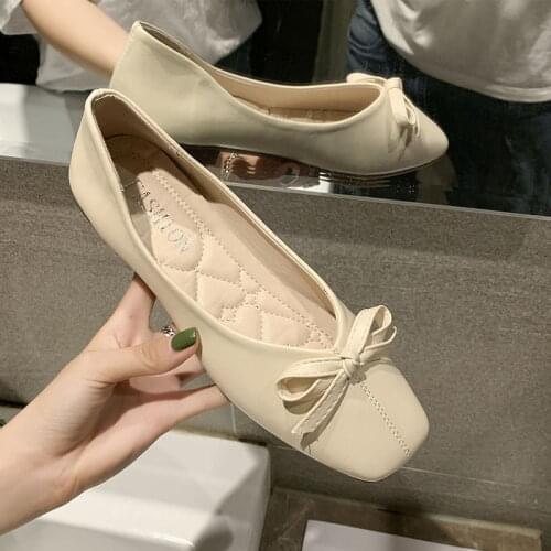 2021 Spring Shallow Mouth Flat Single Shoes Female Wild Student Soft Bottom Bow Square Head Peas Shoes Workplace