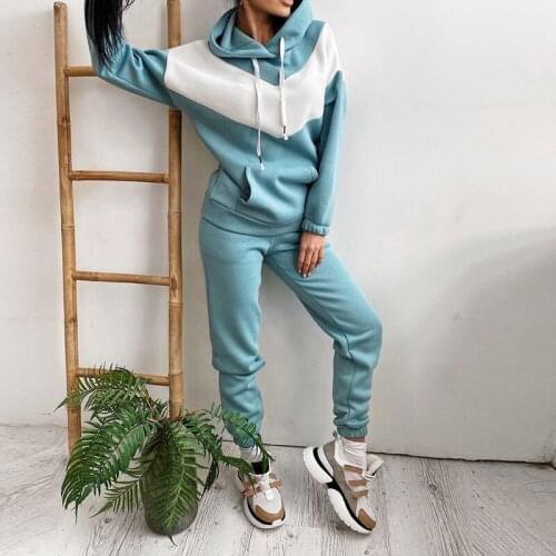 Women Casual Patchwork Loose Hoodie Stretch Waist Pants Suits Autumn Soft Long Sleeves Exercise Suit Fleece Streetwear Females