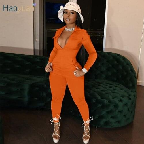 HAOYUAN Sexy Zip Long Sleeve Fitness Jumpsuit Women Fall Outfits Birthday Party Wear Pocket Black Overalls One Piece Club Romper