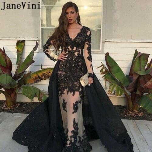 JaneVini Arabic Women Mermaid Evening Dresses with Detachable Long Sleeves Beaded Black Lace Illusion Dubai Formal Ceremony Gown