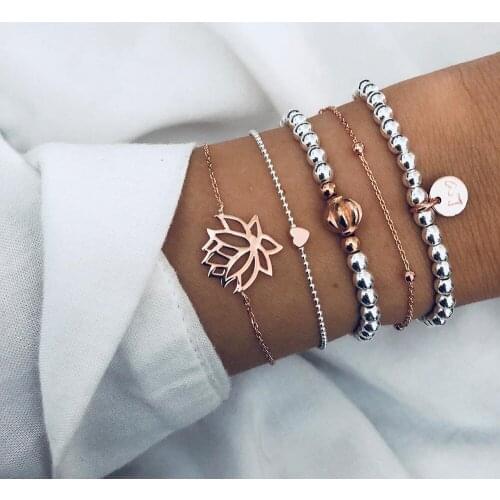 2019 Fashion 5pcs/Set Gold/Silver Bead Flower Bangle For Women Heart Adjustable New Bracelets On The Hand Bohemian Jewelry