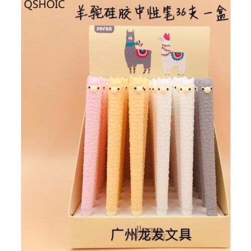 36pcs/pack Black Ink Cute Cartoon Alpaca Creative Animal Llama Gel Pen Unisex Rollerball Pen Sign Pen School Stationery