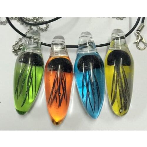 FREE SHIPPING 4 PCS Black Jellyfish New Hand Blown Glass Mix Reardrop Tentacles Necklace Black Rope