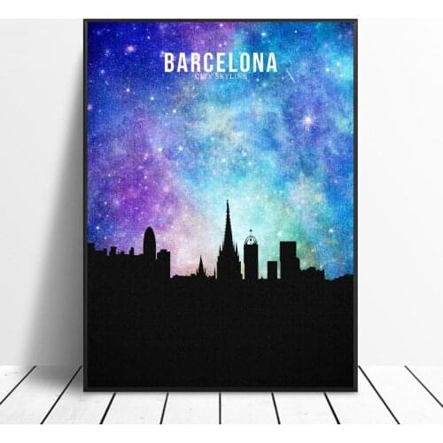 BARCELONA Starry City Skyline Canvas Wall Art Print Modern Poster Wall Pictures Living Room Decor