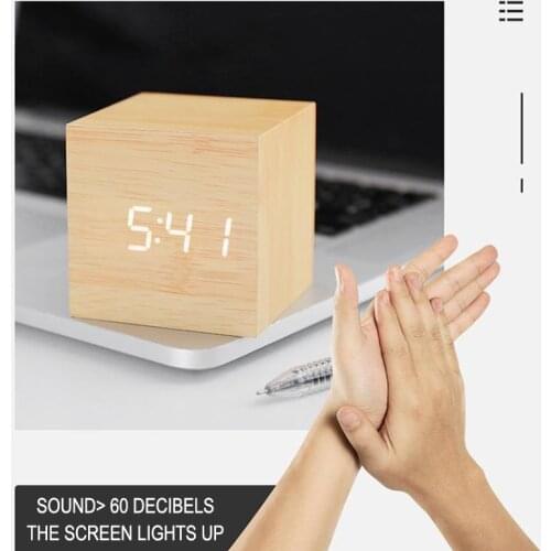 Digital Square LED Alarm Clock Wood Glow Clock Desktop Table Decor Control Snooze Function Desk Electronic Clock Alarm Clock