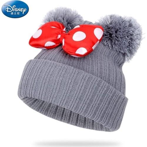 Disney Anime Minnie Mouse Baby Winter Knitted Hat For Children Cartoon Bow Mickey Beanie Hats Kids Winter Warm Wool Pom Pom Cap