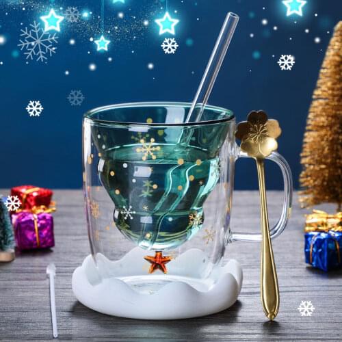 Creative Christmas Mug Double Layered Anti Scald Glass Tree with Lid Glass Cup High Temperature Coffee Wishing Cup Xmas Gifts